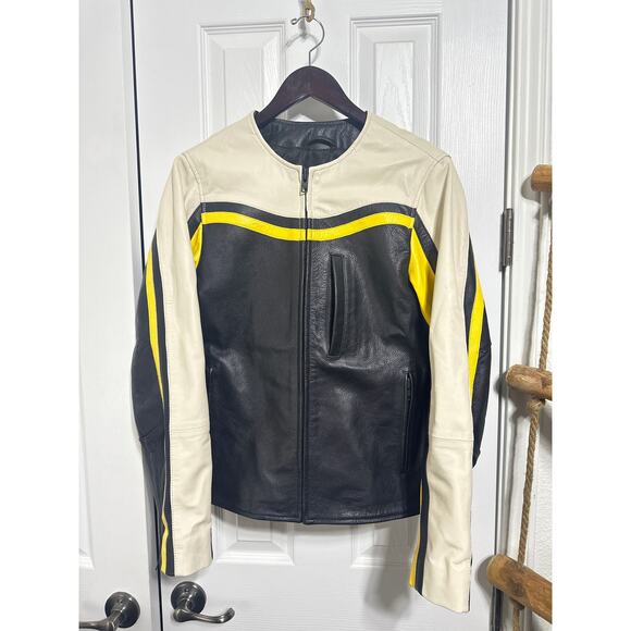 Deadwood Revolve Women Racer Leather Jacket Moto Biker Bright Black White Yellow - Picture 4 of 8